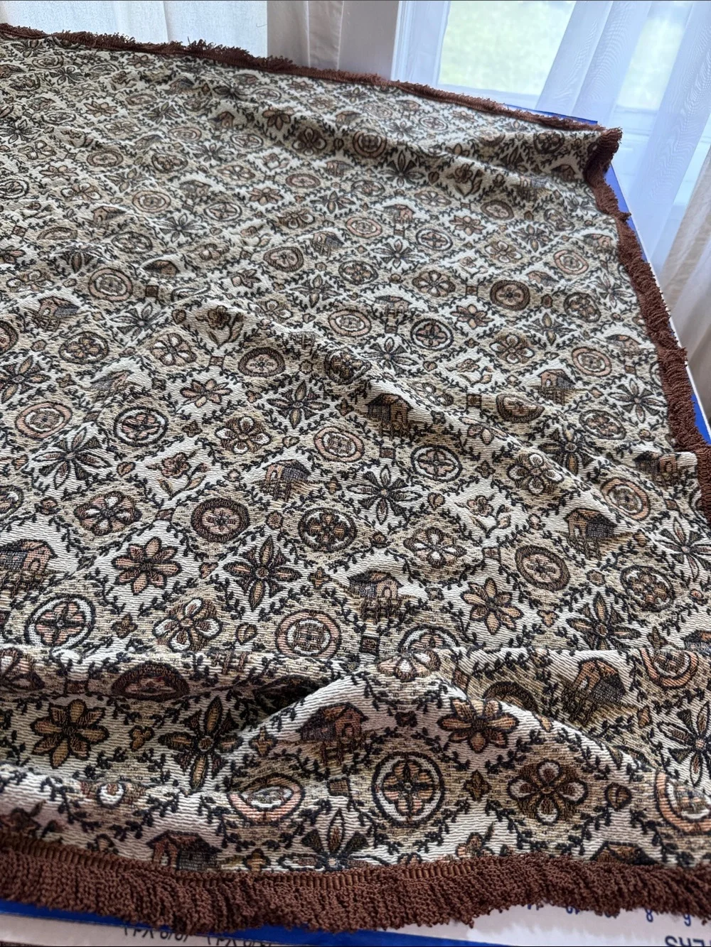 Vintage Folk Art Jacquard Woven Throw Lap Blanket Barn Floral Fringe 50x40